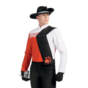 Custom orange, black and white marching band uniform. Front view with black with white band flocked hat, black gloves and pants holding instrument