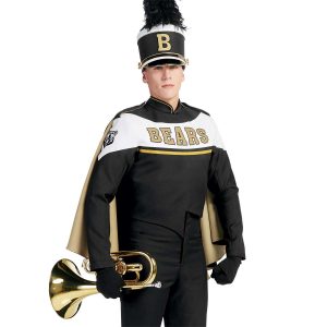 Custom black with white and gold detailing marching band uniform. Front view with matching shako, black gloves and pants, and black with gold detailing cape holding instrument