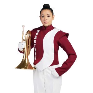 Custom brick and white marching band uniform. Front view with white gloves and pants holding instrument