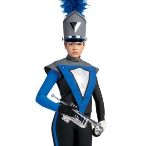 Custom black and grey with royal detailing marching band uniform. Front view with matching shako, and black gloves and pants with royal front panel snapped on chest with white diamond outlines in black