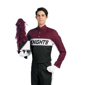 Custom maroon, white, and black marching band uniform. Front view with matching shako, white gloves and black pants