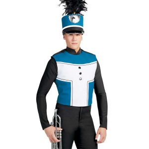 Custom sapphire and white with black detailing sleeveless marching band uniform. Front view with matching shako, black pants and black undershirt long sleeves