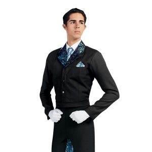 Custom black jacket with sequin collar with white undershirt and teal diamond pattern tie marching band uniform. Front view with black pants with teal diamond pattern stripe on inside of leg and white gloves