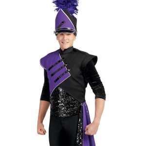 Custom purple, black and black sequin with white trim marching band uniform. Front view with matching shako, black sequin and purple drop off left hip, and black pants