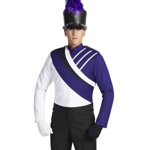 Custom purple and white with black detail marching band uniform. Front view with black shako with purple plume, one black glove, one white glove, and black pants