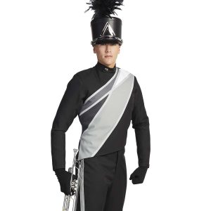 Custom black with greys marching band uniform. Front view with black shako, gloves, and pants holding instrument