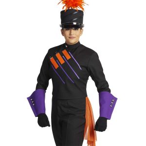 Custom black with orange and purple details. Front view with black shako with orange plume, purple gauntlets, black gloves and pants, and orange drop off left hip