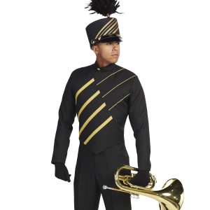 Custom black with gold diagonal stripes marching band uniform. Front view with matching shako, and black gloves and pants holding instrument