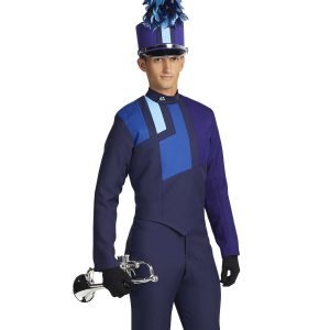 Custom navy and purple with royal and light blue sections marching band uniform. Front view with black gloves, navy pants, and matching shako holding instrument