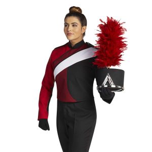 Custom black, white, maroon, and red marching band uniform. Front view with black pants and gloves, and black shako with silver accessories and red plume