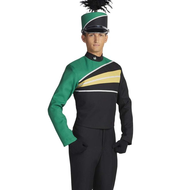 Custom black and green with gold and silver details marching band uniform. Front view with matching shako, black gloves and pants