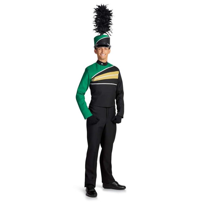 Custom black and green with gold and silver details marching band uniform. Front view with matching shako, black gloves and pants