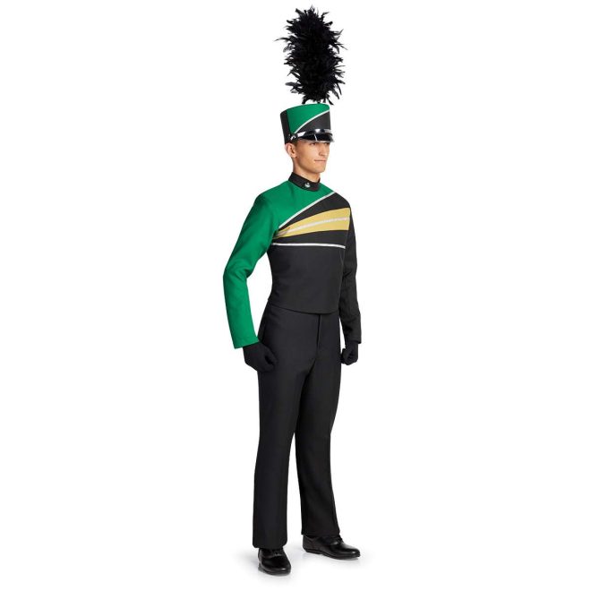 Custom black and green with gold and silver details marching band uniform. Front view with matching shako, black gloves and pants