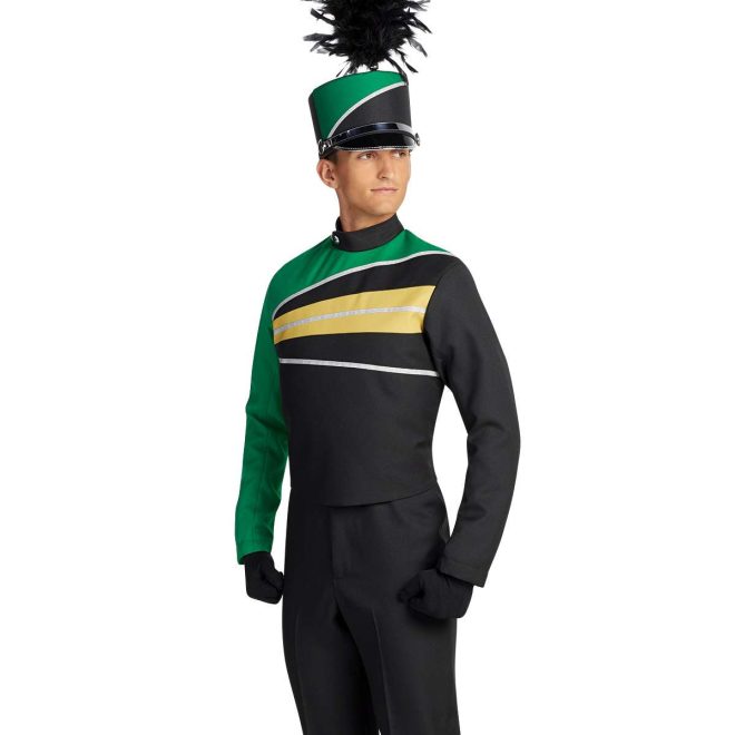 Custom black and green with gold and silver details marching band uniform. Front view with matching shako, black gloves and pants