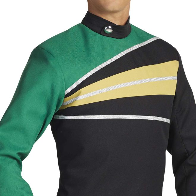 Custom black and green with gold and silver details marching band uniform. Front view close up