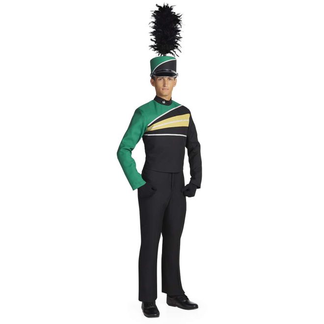 Custom black and green with gold and silver details marching band uniform. Front view with matching shako, black gloves and pants