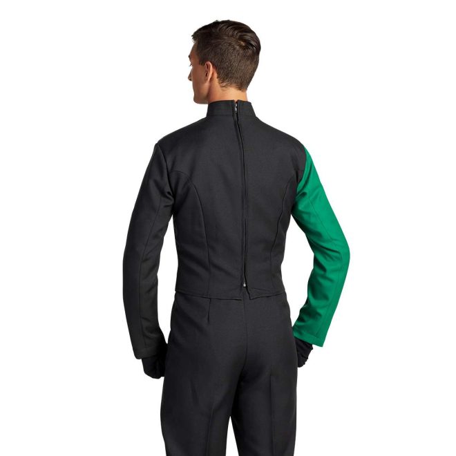 Custom black with green right sleeve marching band uniform. Back view with black gloves and pants