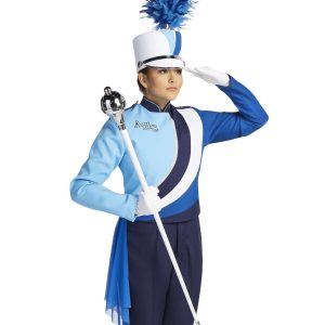 Custom royal and light blue with white trim marching band uniform. Front view with white matching shako with royal and light blue plume, white gloves, navy pants and royal drop off right hip holding amazing mace