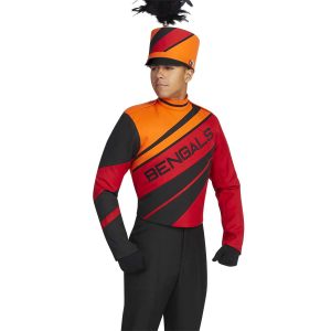 Custom orange, red, and black marching band uniform. Front view with matching shako, and black gloves and pants