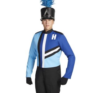 Custom royal and light blue with white and black detailing marching band uniform. Front view with black shako with blue plume, black gloves and pants