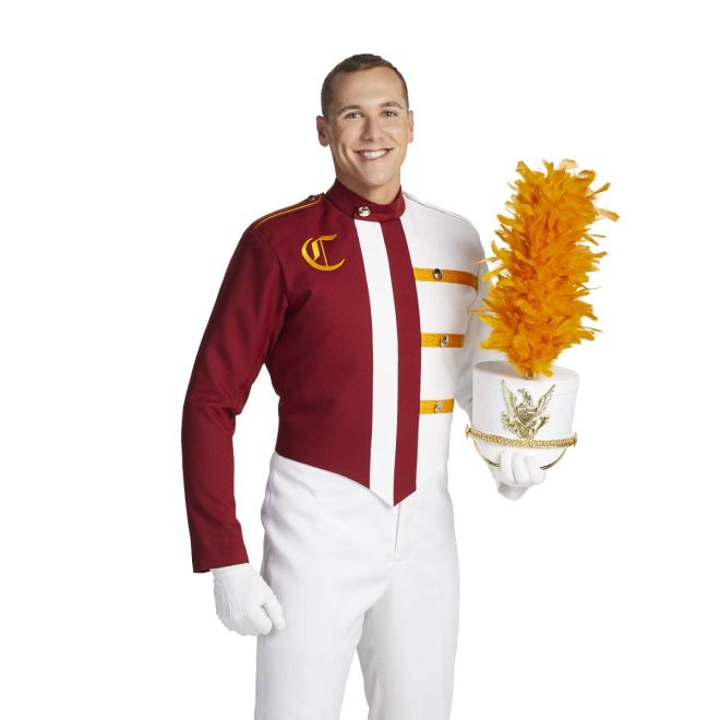 Custom white and brick with yellow detailing marching band uniform. Front view with white pants and gloves, and white shako with gold accessories and yellow plume