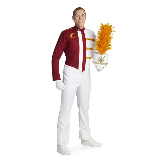 Custom white and brick with yellow detailing marching band uniform. Front view with white pants and gloves, and white shako with gold accessories and yellow plume