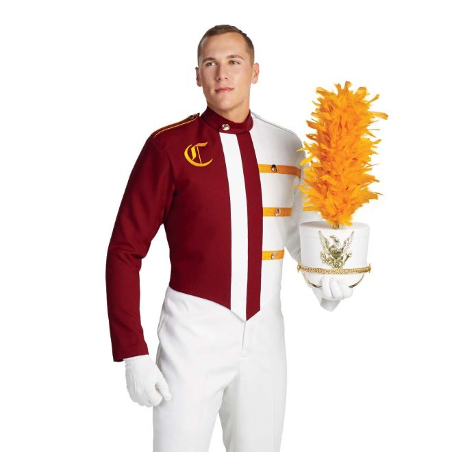 Custom white and brick with yellow detailing marching band uniform. Front view with white pants and gloves, and white shako with gold accessories and yellow plume