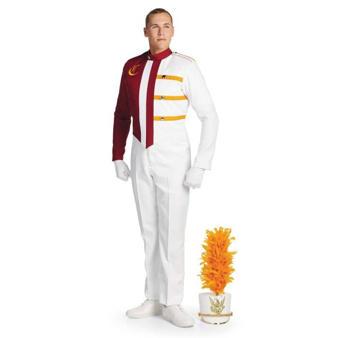 Custom white and brick with yellow detailing marching band uniform. Front view with white pants and gloves, and white shako with gold accessories and yellow plume