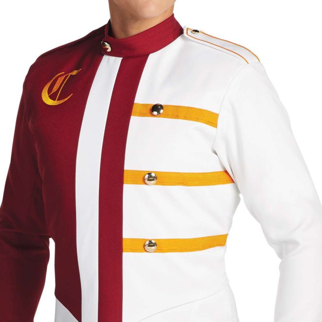 Custom white and brick with yellow detailing marching band uniform. Front view close up