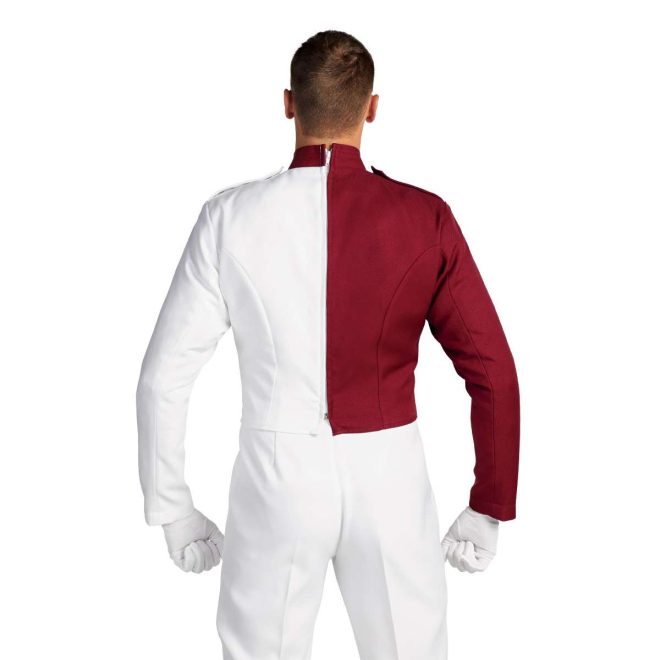 Custom white and brick marching band uniform. Back view with white gloves and pants