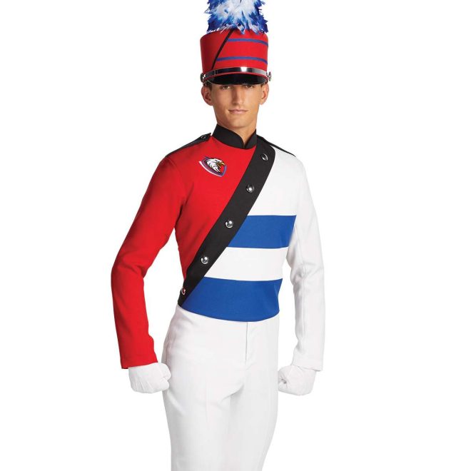 Custom red, royal and white with black detailing marching band uniform. Front view with white pants and gloves and marching red shako with white and royal plume