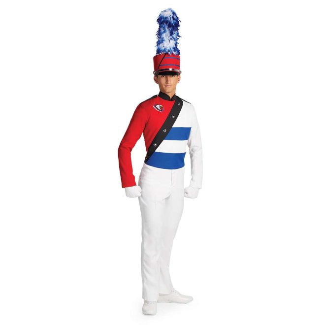 Custom red, royal and white with black detailing marching band uniform. Front view with white pants and gloves and marching red shako with white and royal plume