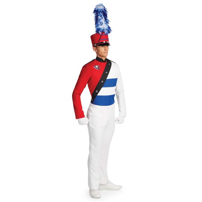 Custom red, royal and white with black detailing marching band uniform. Front view with white pants and gloves and marching red shako with white and royal plume
