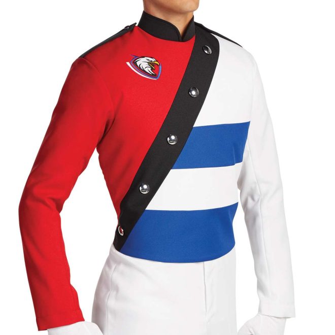 Custom red, royal and white with black detailing marching band uniform. Front view with white pants and gloves and marching red shako with white and royal plume