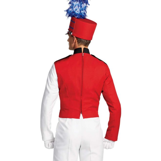 Custom red and white with black detailing marching band uniform. Back view with white pants and gloves and marching red shako with white and royal plume