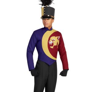 Custom purple, gold, and red marching band uniform. Front view with black and gold shako with black plume, and black gloves and pants