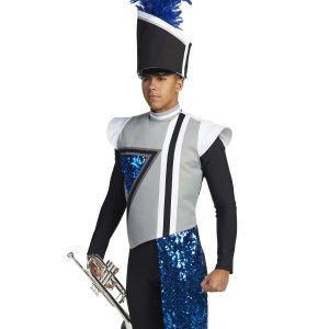 Custom light grey, black, white and sequin royal marching band uniform. Front view with black shako with white trim and royal plume, black pants, and sequin royal drop off left hip holding instrument