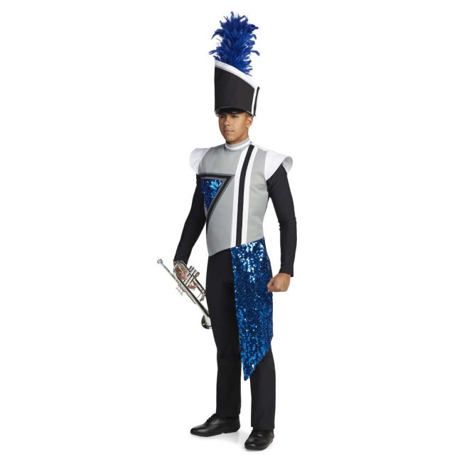 Custom light grey, black, white and sequin royal marching band uniform. Front view with black shako with white trim and royal plume, black pants, and sequin royal drop off left hip holding instrument