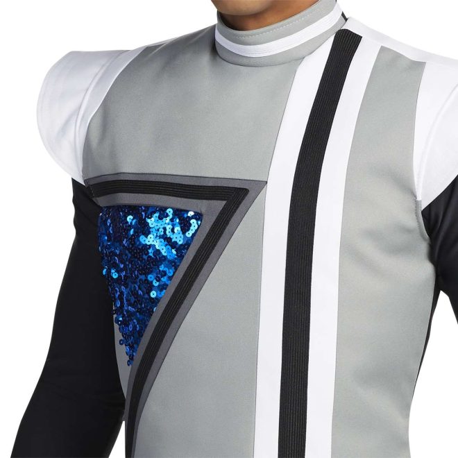 Custom light grey, black, white and sequin royal marching band uniform. Front view close up