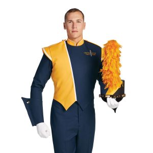 Custom navy and yellow with white trim marching band uniform. Front view with white gloves, navy pants and gauntlets, and matching shako