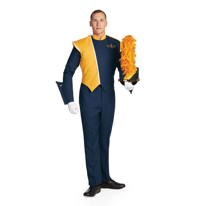 Custom navy and yellow with white trim marching band uniform. Front view with white gloves, navy pants and gauntlets, and matching shako