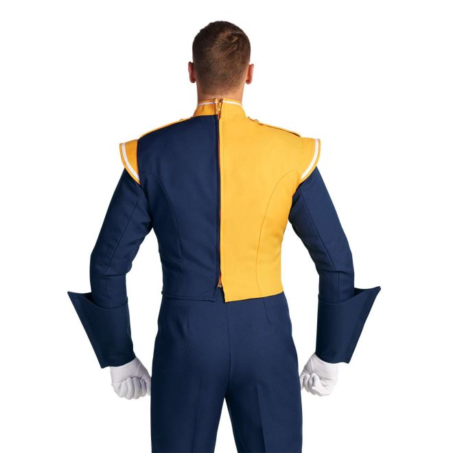 Custom navy and yellow with white trim marching band uniform. Back view with white gloves and navy pants and gauntlets