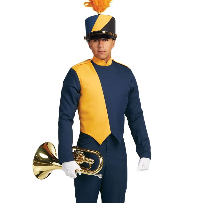 Custom navy and yellow marching band uniform. Front view with white gloves, navy pants, and matching shako holding instrument