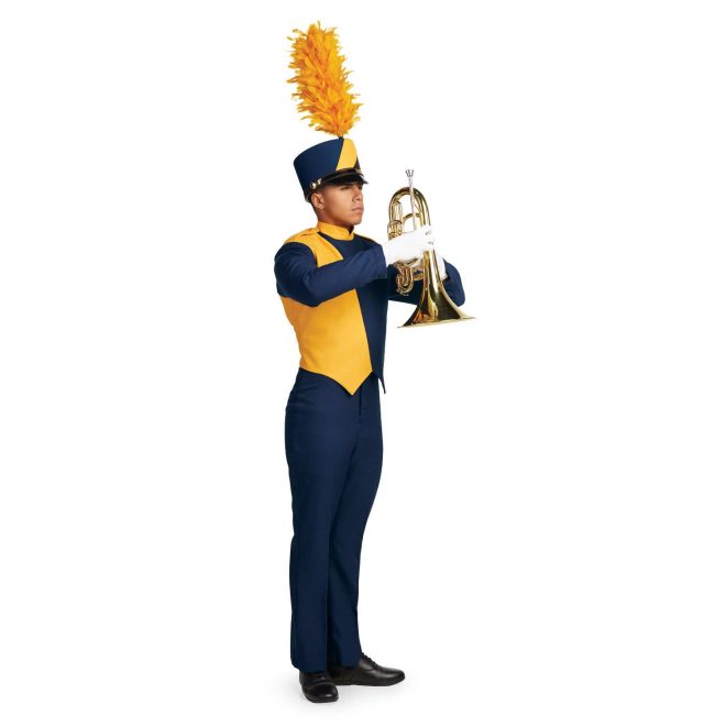 Custom navy and yellow marching band uniform. Side view with white gloves, navy pants, and matching shako holding instrument