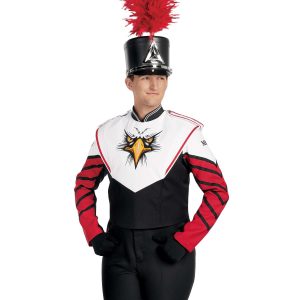Custom red, black and white marching band uniform with mascot on chest. Front view with black shako with red plume, black gloves and pants