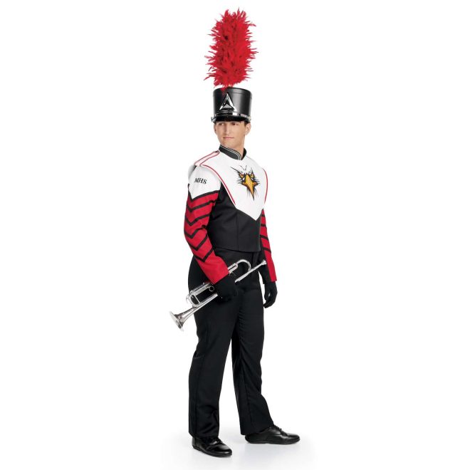 Custom red, black and white marching band uniform with mascot on chest. Front view with black shako with red plume, black gloves and pants holding instrument