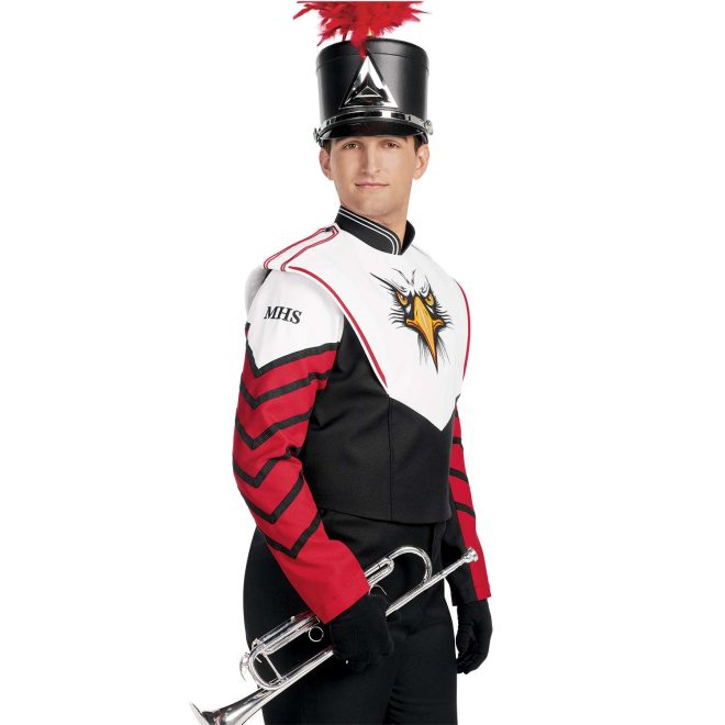Custom red, black and white marching band uniform with mascot on chest. Front view with black shako with red plume, black gloves and pants holding instrument