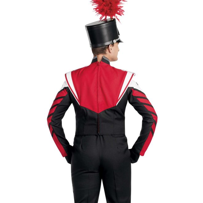 Custom red, black and white marching band uniform. Back view with black shako with red plume, black gloves and pants
