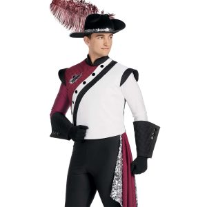 Custom maroon and white jacket with black trim marching band uniform over half white, half maroon long sleeve marching band uniform undershirt. Front view with black gloves, gauntlets, and pants, black flocked hat with maroon feather, and maroon and sequin silver drop off left hip