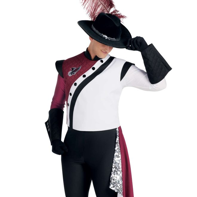 Custom maroon and white jacket with black trim marching band uniform over half white, half maroon long sleeve marching band uniform undershirt. Front view with black gloves, gauntlets, and pants, black flocked hat with maroon feather, and maroon and sequin silver drop off left hip